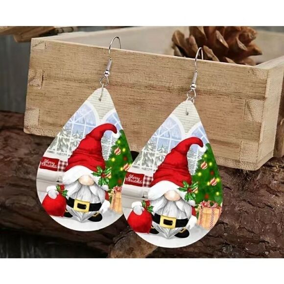 NWT Leather Santa Claus Gnome Christmas Teardrop Dangle Hook Earrings - Picture 3 of 3